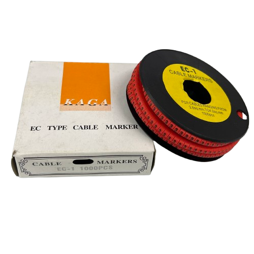 Grippes cable management spool with EC type red markers beside labeled box showing quantity Cable Marker Red 3
