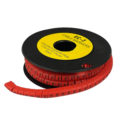 Grippes Cable Marker Red - F on a spool, ideal for organizing cables and ensuring clear labeling