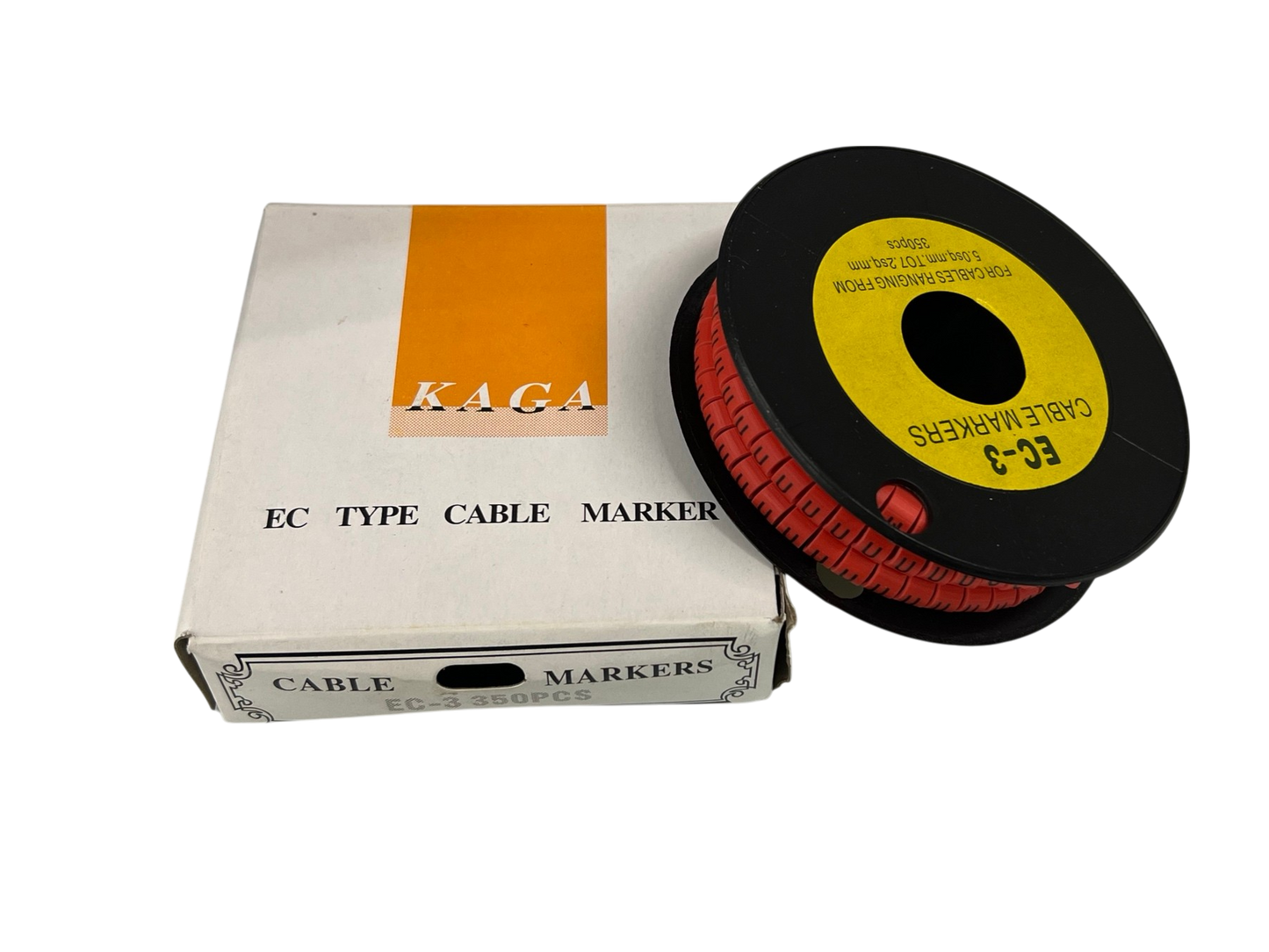Grippes Cable Marker Red - U on a spool next to its box, perfect for organizing cables
