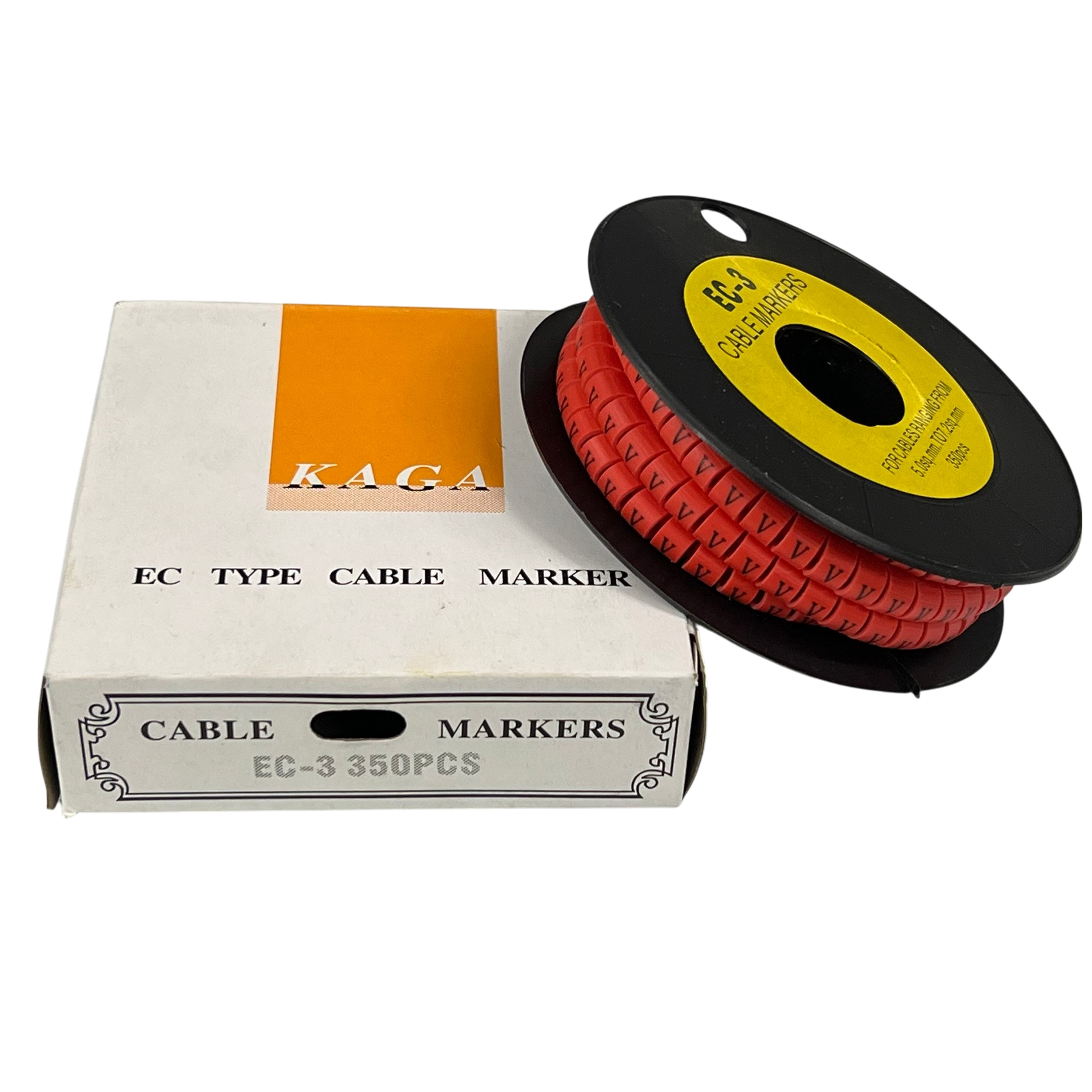 Grippes Cable Marker Red - V on a spool with packaging for organized cable management