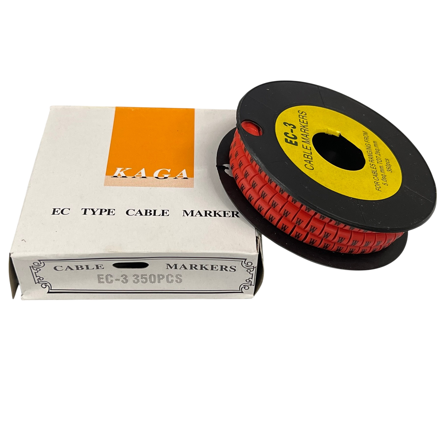 Grippes Cable Marker Red - W on a spool with box showcasing 350 pieces for organized cable management
