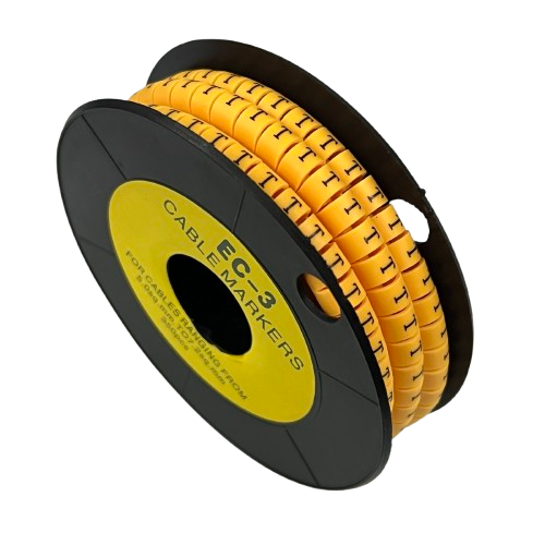 Grippes Cable Marker T - Yellow spool of T shaped cable markers on black reel for organized wiring