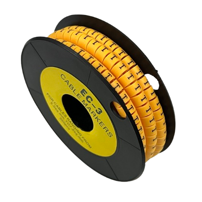 Grippes Cable Marker T - Yellow spool of T shaped cable markers on black reel for organized wiring