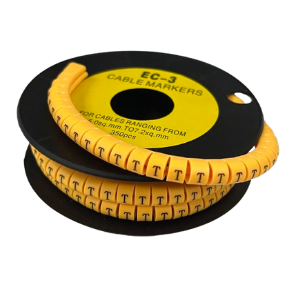 Grippes Cable Marker T - Yellow roll of T letter cable markers on a black spool for cable identification