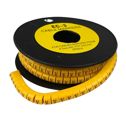 Grippes Cable Marker V - Yellow flexible spiral cable markers on spool with repeating V labels for wire ID
