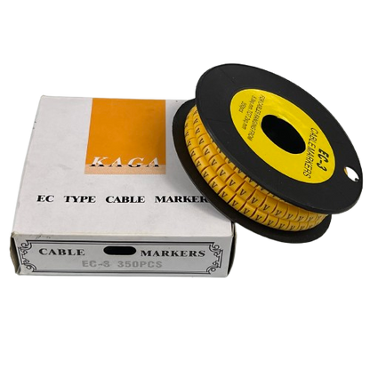 Grippes Cable Marker V - Yellow spool of EC type cable markers on black reel with white box packaging