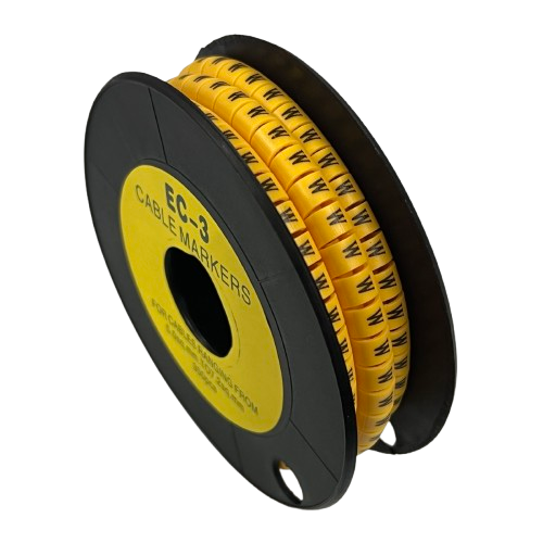 Grippes Cable Marker W - Yellow spool used for cable management with repeated black W wire identification labels