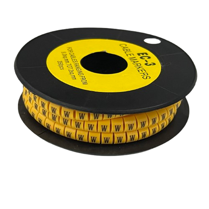 Grippes Cable Marker W - Yellow spool of segmented plastic wire labels with black W print for cable organization