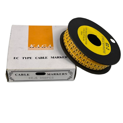 Grippes Cable Marker W - Yellow spool next to white box EC type cable markers for cable identification