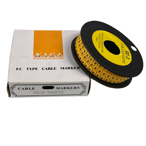 Grippes Cable Marker W - Yellow spool next to white box EC type cable markers for cable identification