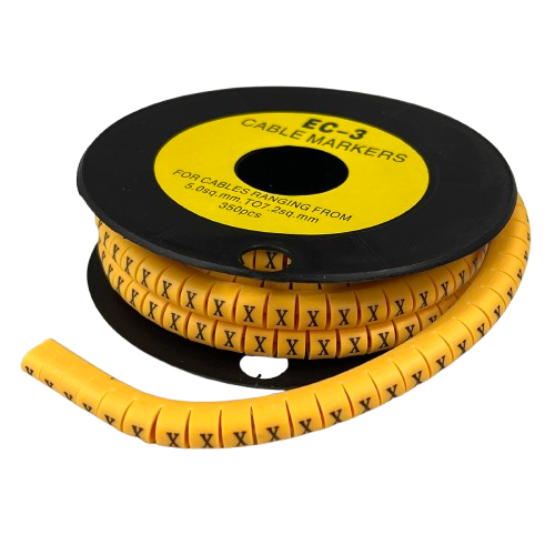 Grippes Cable Marker X - Yellow spool of flexible spiral cable markers with repeated X labels