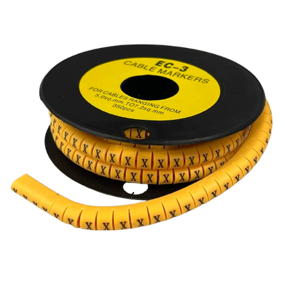 Grippes Cable Marker X - Yellow spool of flexible spiral cable markers with repeated X labels