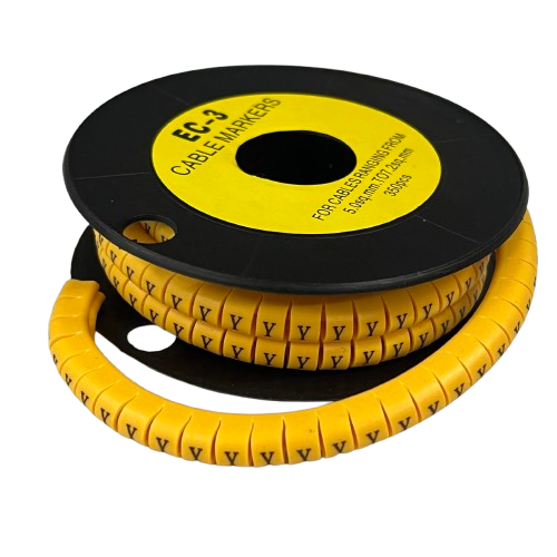 Grippes yellow spiral cable markers on spool showing repeated Y labels for wire identification Cable Marker Y - Yellow