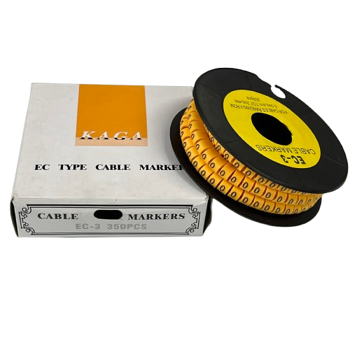 Cable Marker Yellow 0 spool of yellow numeric cable sleeves on black reel beside white KAGA box for cable management