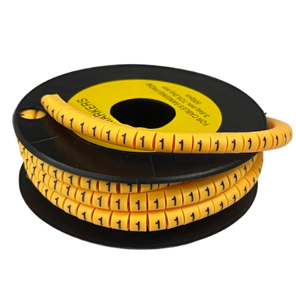 Grippes Cable Marker Yellow - 1 on black spool showing yellow numbered cable markers for wire identification