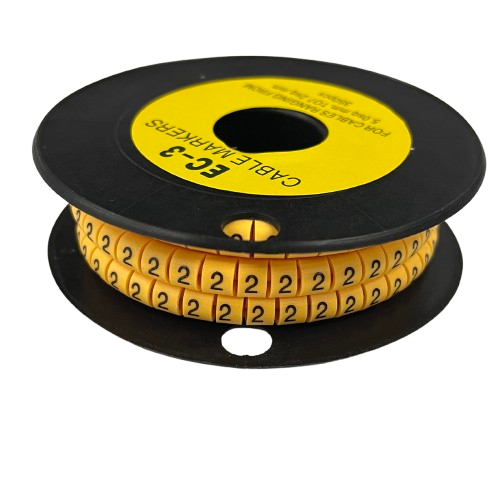 Spool of yellow numbered cable markers showing repeated 2 labels Cable Marker Yellow 2 for wiring organization