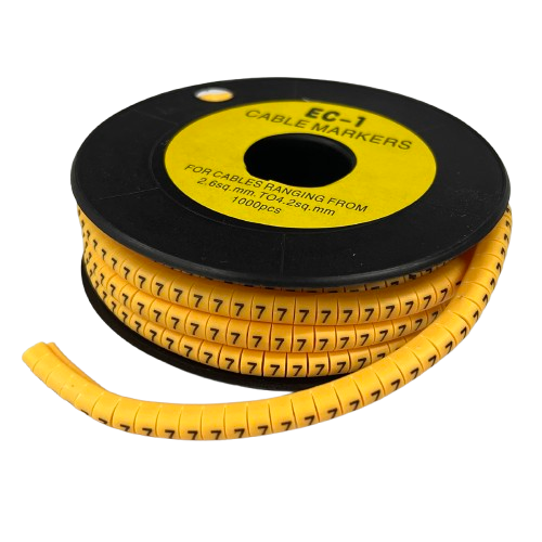 Cable Marker Yellow -7 reel of flexible wraparound cable management markers with repeated number 7