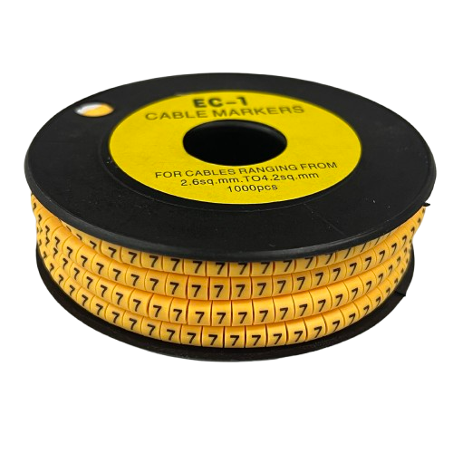 Spool of China made Cable Marker Yellow -7 adhesive cable labels showing rows of black 7s
