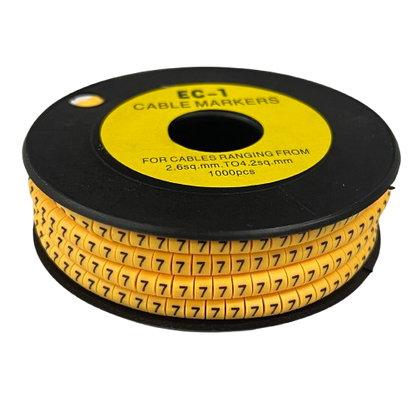 Spool of China made Cable Marker Yellow -7 adhesive cable labels showing rows of black 7s