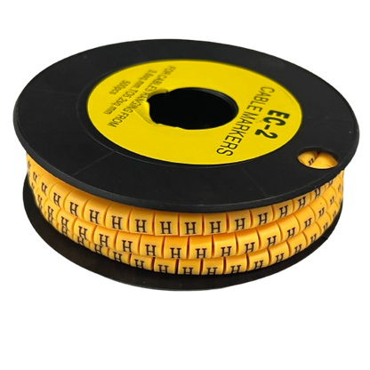 Grippes cable management spool with Cable Marker - Yellow 8 showing H letter markers on yellow tape