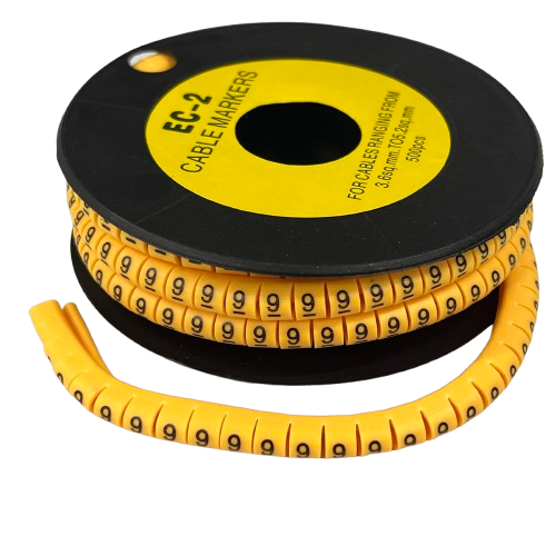 Grippes cable management spool of numeric markers showing Cable Marker Yellow - 9 printed repeatedly for wire identification