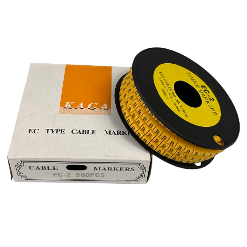 Grippes Cable Marker Yellow - B spool of adhesive letter B cable markers on black reel with box