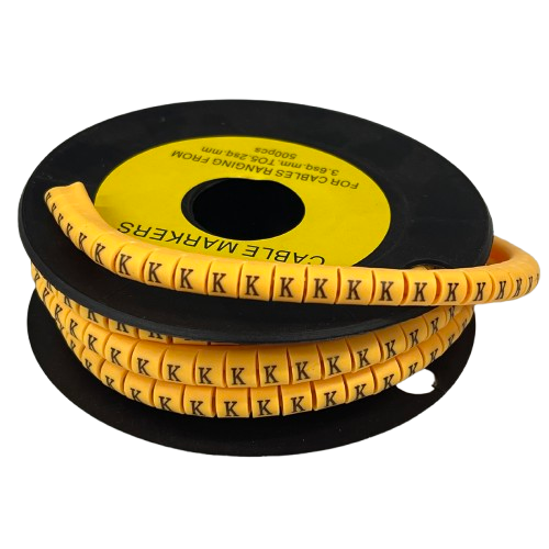 Grippes Cable Marker Yellow - K spiral wrap on reel showing repeated K markers for cable identification