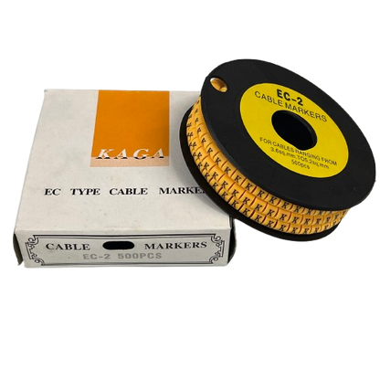 Grippes EC-2 spool of yellow cable markers with repeated K letters on reel next to white box Cable Marker Yellow - K