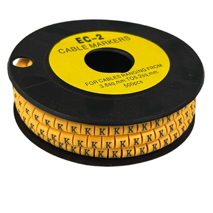 Grippes Cable Marker Yellow - K. spool of yellow plastic letter K cable markers for wire labeling and organization
