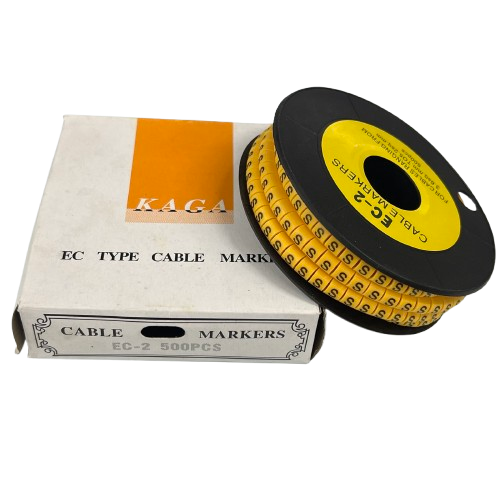 Grippes cable management spool with Cable Marker Yellow - S labels on reel and box for wire identification