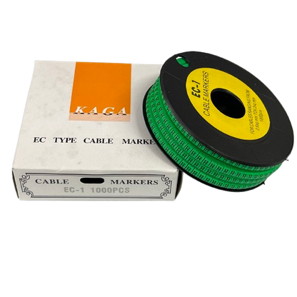 Grippes spool of green cable markers beside box "H" Marker EC-1 Green 2.6mm to 4.2mm for wire labeling