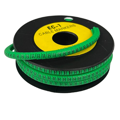 Grippes "H" Marker EC-1 Green 2.6mm to 4.2mm cable markers on black spool with repeated H labels