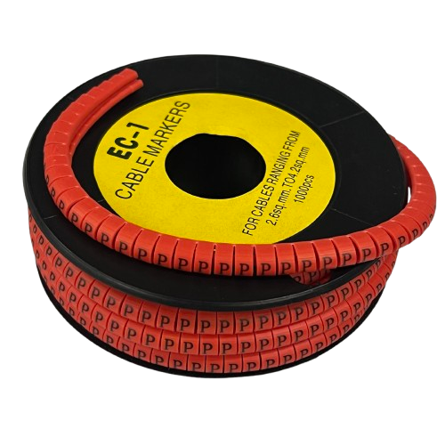 Grippes P Marker Red 2.6mm to 4.2mm 1000pc cable markers on a black spool for cable management