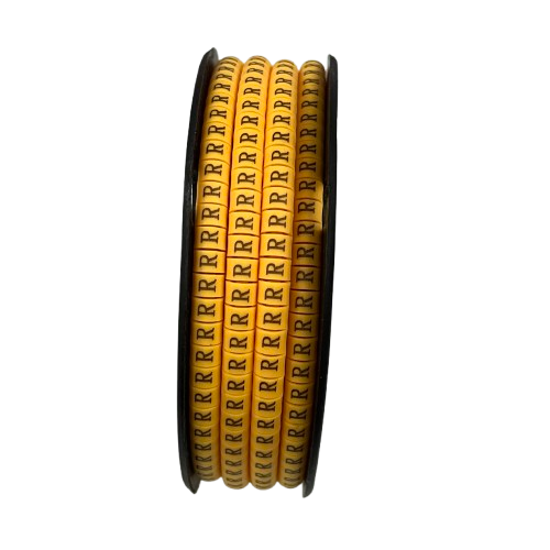 Spool of yellow cable markers labeled R Marker 2.6mm to 4.2mm for cable management from China