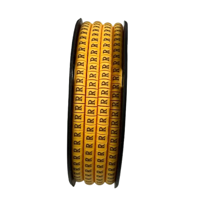 Spool of yellow cable markers labeled R Marker 2.6mm to 4.2mm for cable management from China