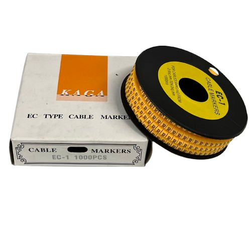 R Marker 2.6mm to 4.2mm yellow cable markers on black spool with white packaging box