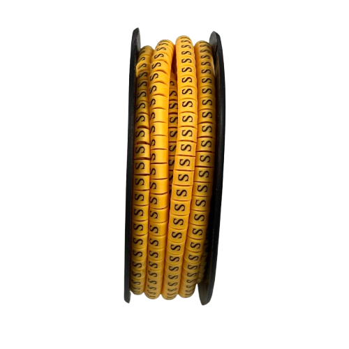 Yellow cable management spool with S Marker 2.6mm to 4.2mm printed on the markers from China