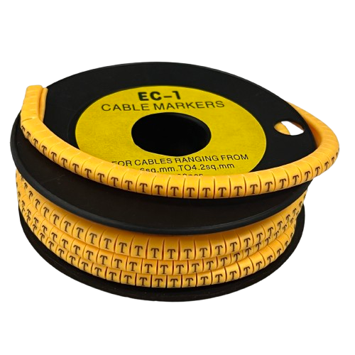 China made Cable Management T Marker 2.6mm to 4.2mm yellow cable markers on a black spool