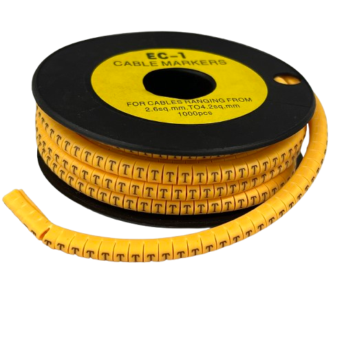 T Marker 2.6mm to 4.2mm cable management markers in yellow on a black spool for organizing cables