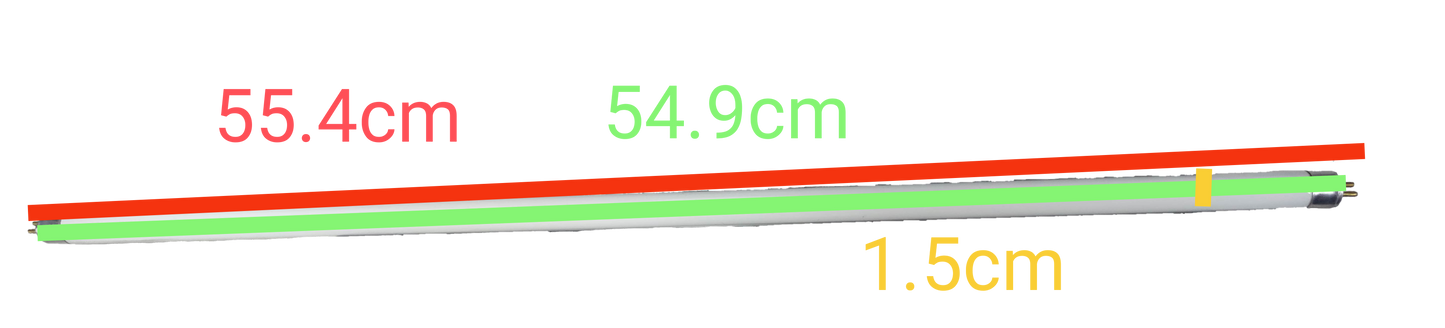 Orbik and Starlux green T5 fluorescent lighting 14W tubes with labeled lengths 55.4cm 54.9cm and 1.5cm gap