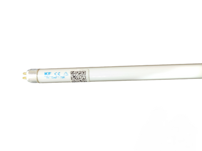 Orbik and Starlux green T5 fluorescent lighting 14W slim tube with bipin connectors and manufacturer label on white background
