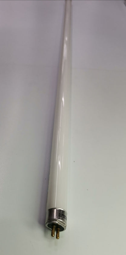 Orbik and Starlux frosted T5 fluorescent tube with G5 bi pin end caps on white background green T5 fluorescent lighting 14W