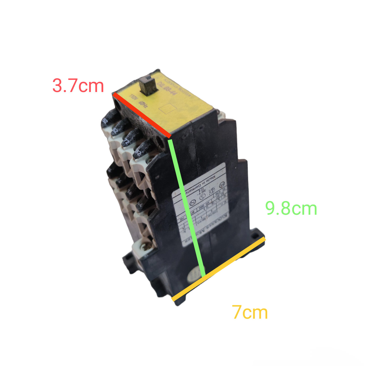 Klockner Moeller magnetic contactor 10A with black casing and visible dimensions