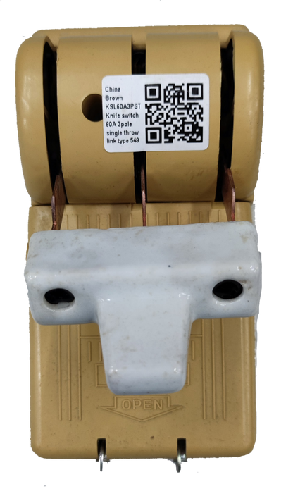 Taiyou Knife Switch 60A 3 Pole 3 Phase Single Throw with ceramic handle and beige base