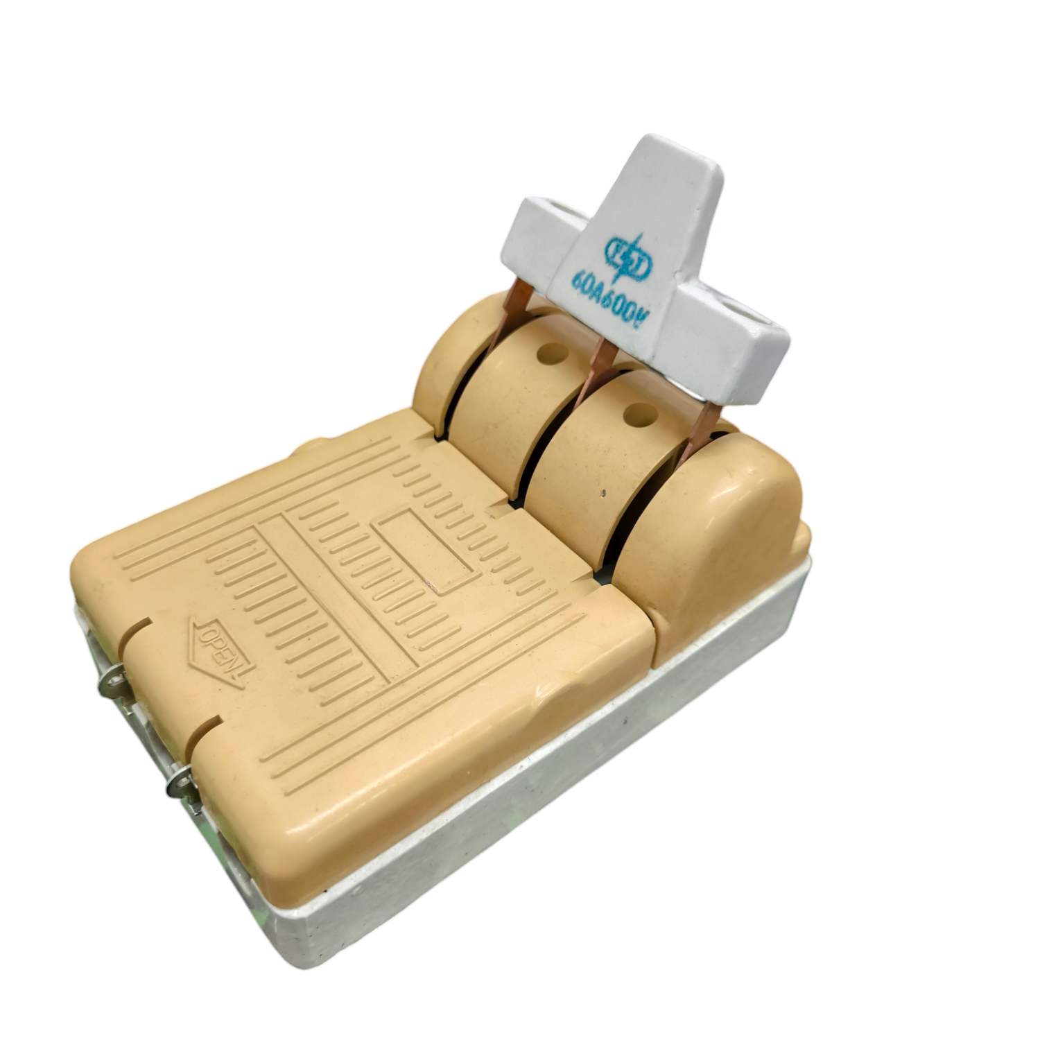 Taiyou Knife Switch 60A 3 Pole 3 Phase Single Throw with beige and white insulated body