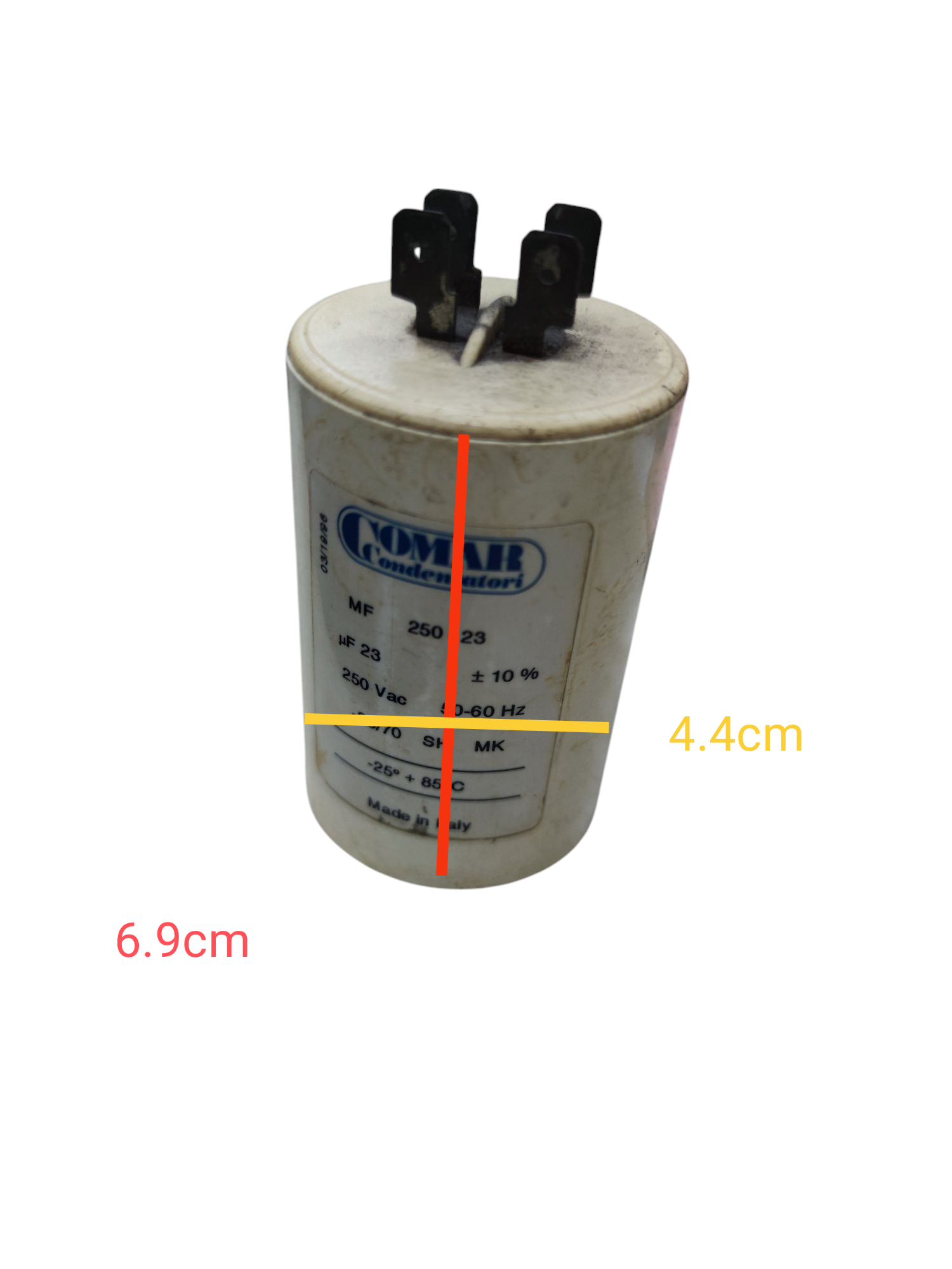 Comar 23uF 250VAC Running Capacitor cylindrical electrical component with metal terminals