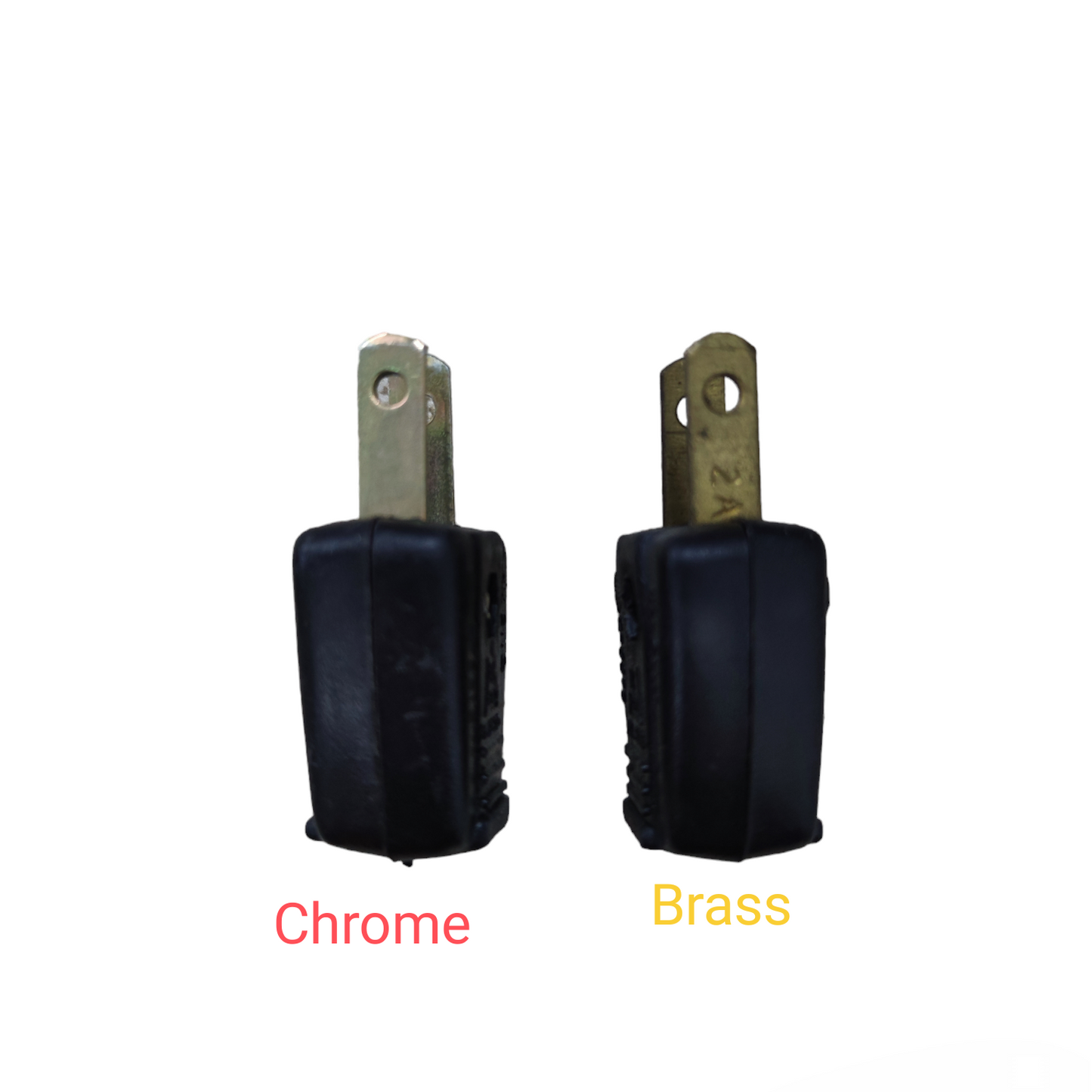 Kopez 2A 220V electrical plug with chrome and brass metal prongs and black plastic body