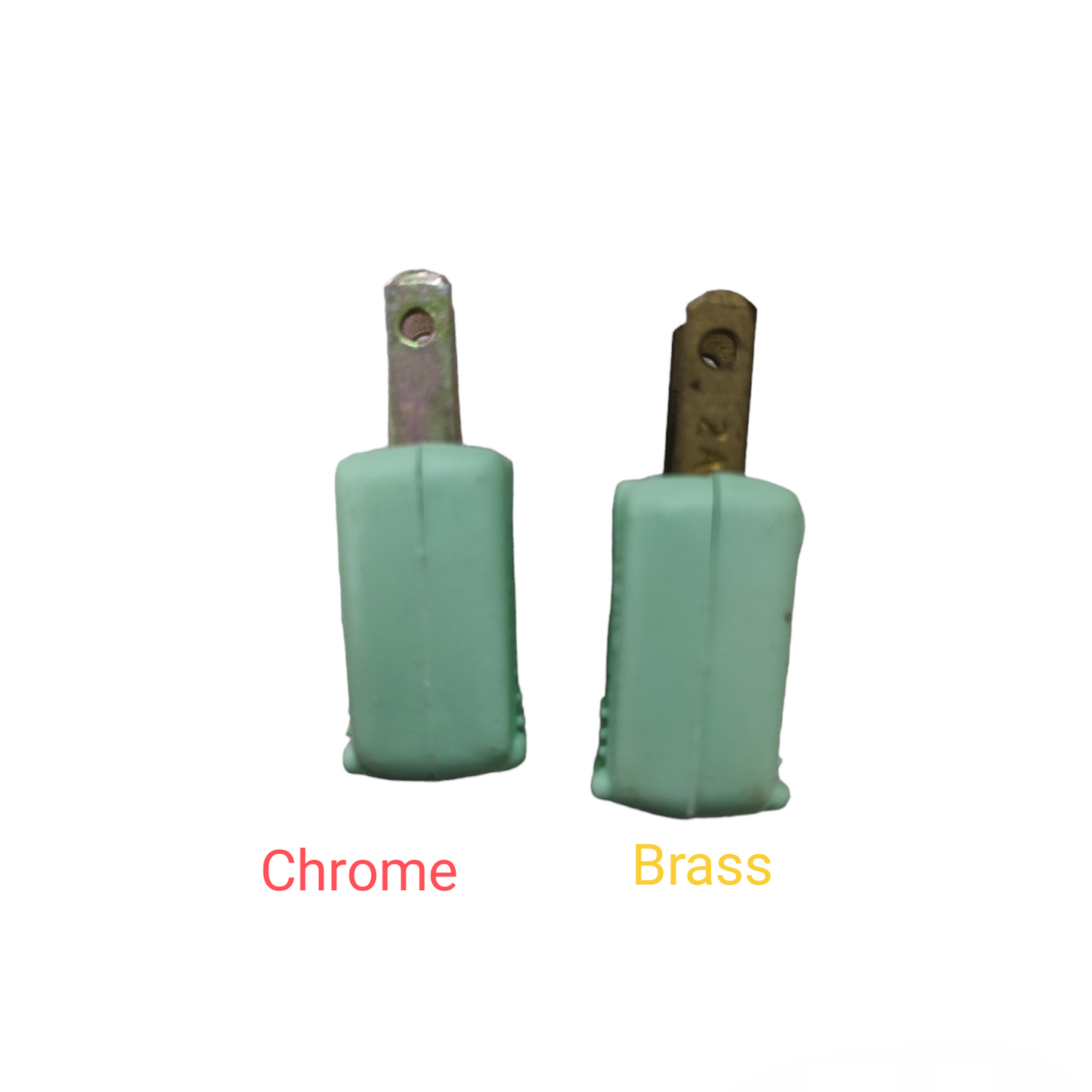 Kopez 2A 220V electrical plug with chrome and brass metal prongs and light green plastic housing