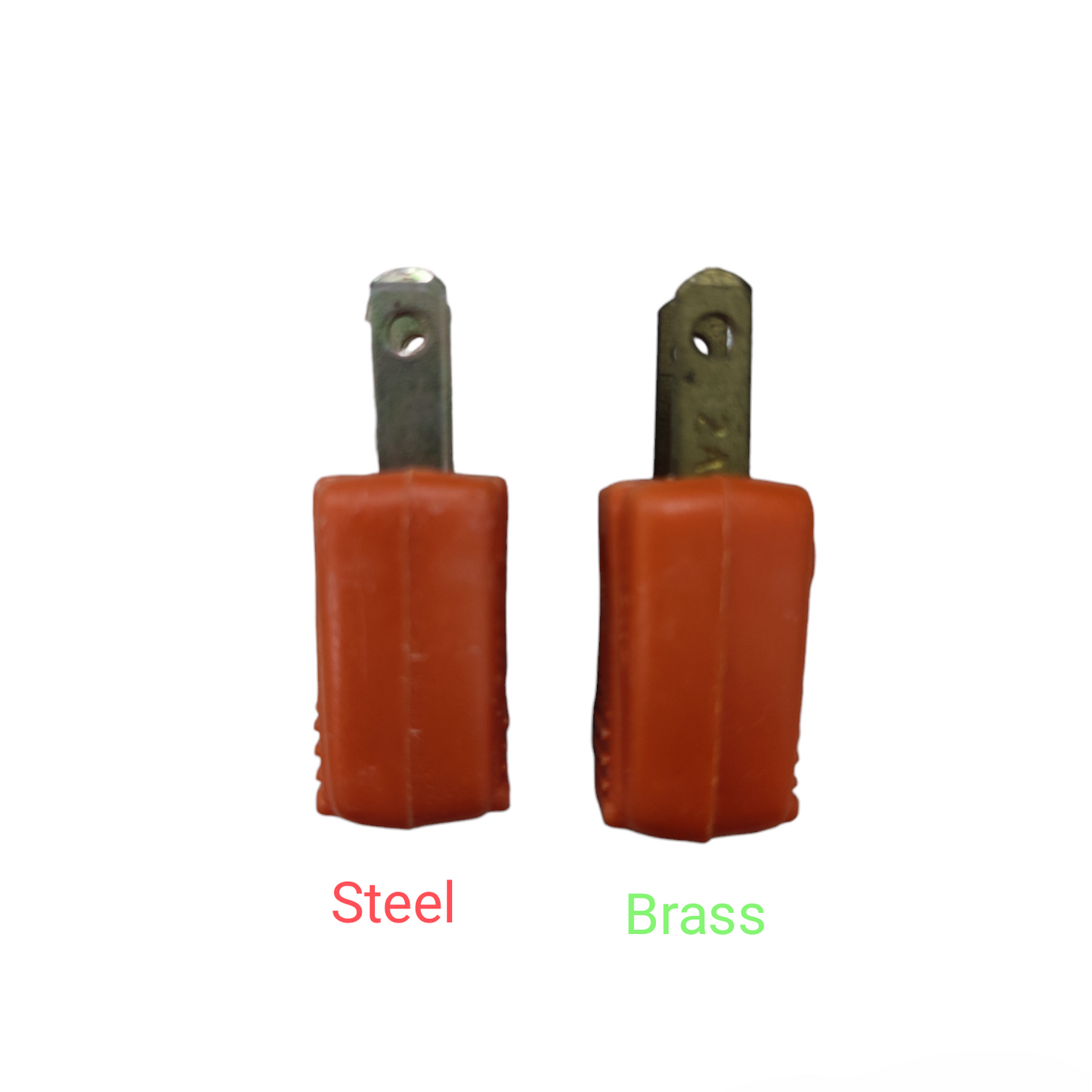 Kopez 2A 220V electrical plug with steel and brass pins in orange casing
