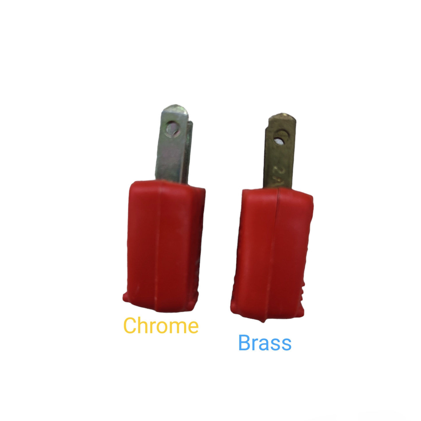 Kopez 2A 220V electrical plug with red insulated body available in chrome and brass metal finishes